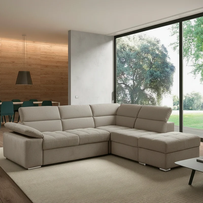 Divano letto angolare reversibile con pouf contenitore tortora Capri