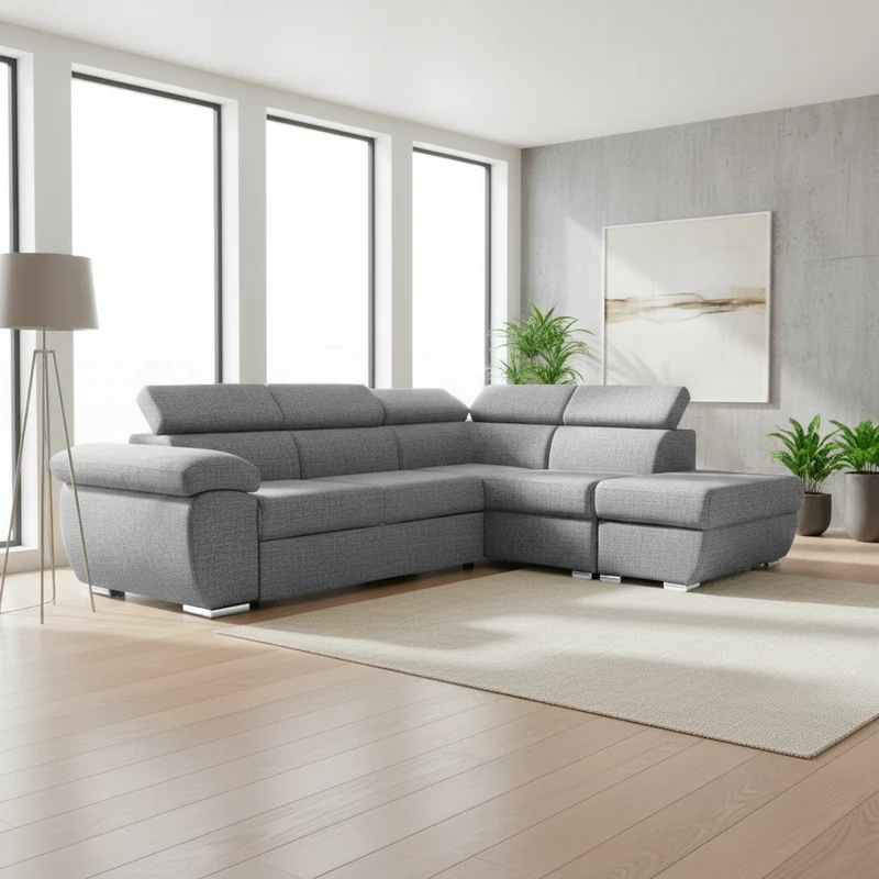 Divano letto angolare con penisola destra e pouf contenitore grigio Fiona