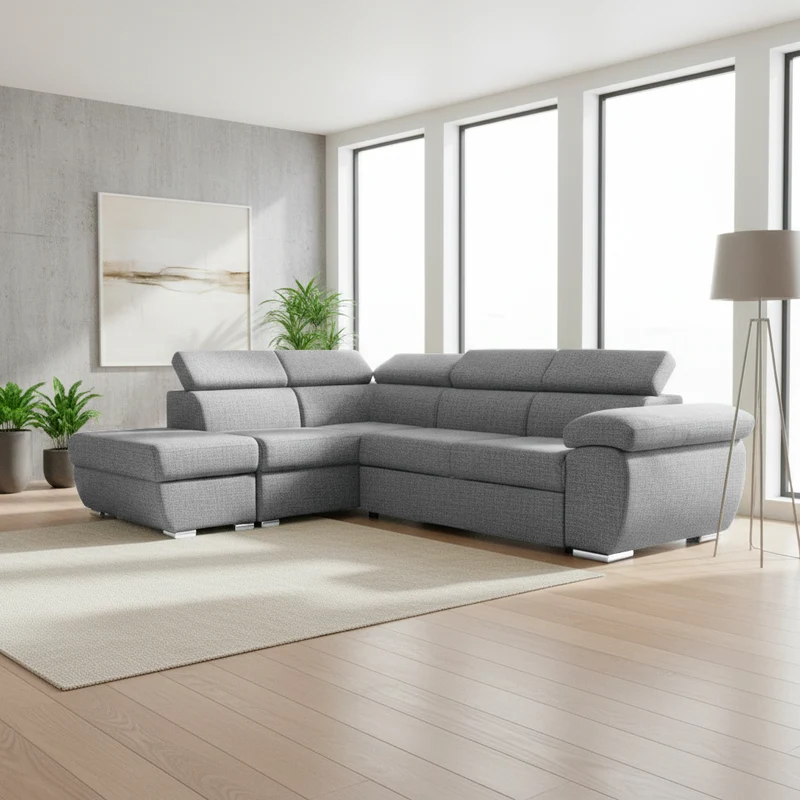 Divano letto angolare con penisola sinistra e pouf contenitore grigio Fiona