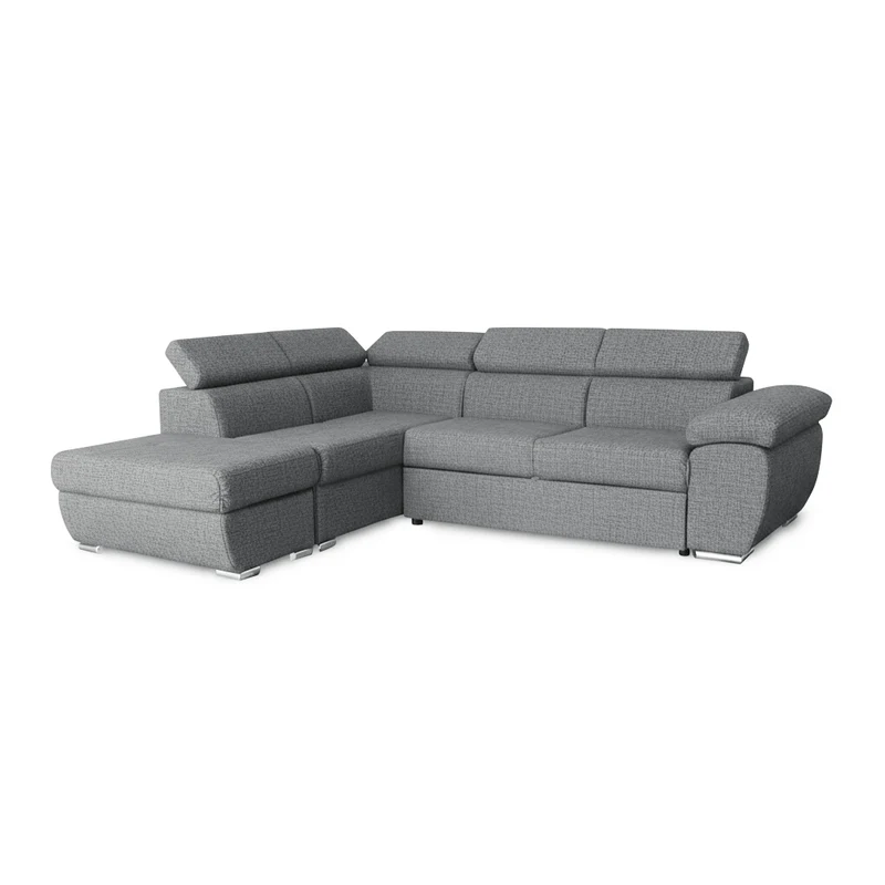 Divano letto angolare con penisola sinistra e pouf contenitore grigio Fiona