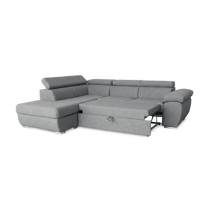 Divano letto angolare con penisola sinistra e pouf contenitore grigio Fiona