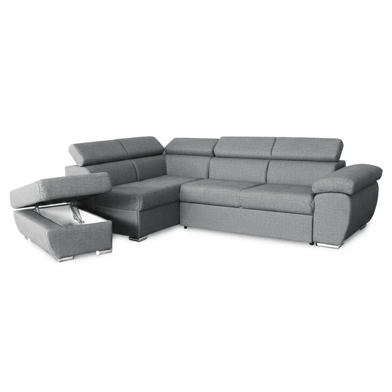 Divano letto angolare con penisola sinistra e pouf contenitore grigio Fiona