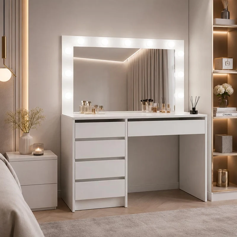 Toeletta trucco Elite bianca con specchio 5 cassetti e lampadine LED 120x55x150H