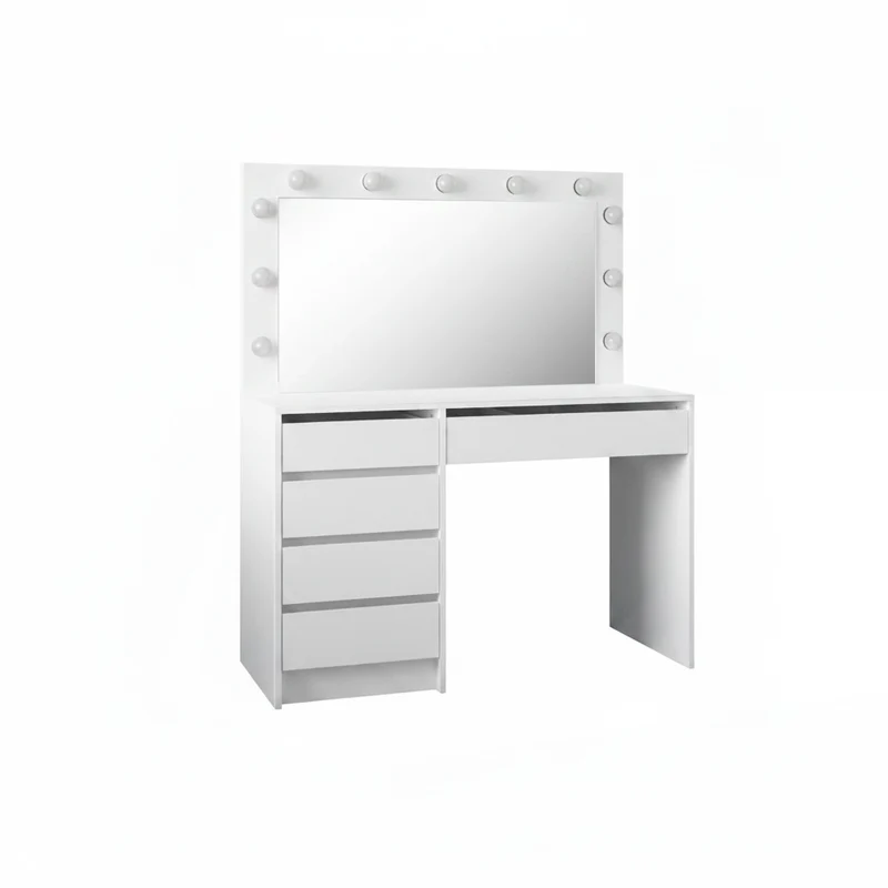 Toeletta trucco Elite bianca con specchio 5 cassetti e lampadine LED 120x55x150H