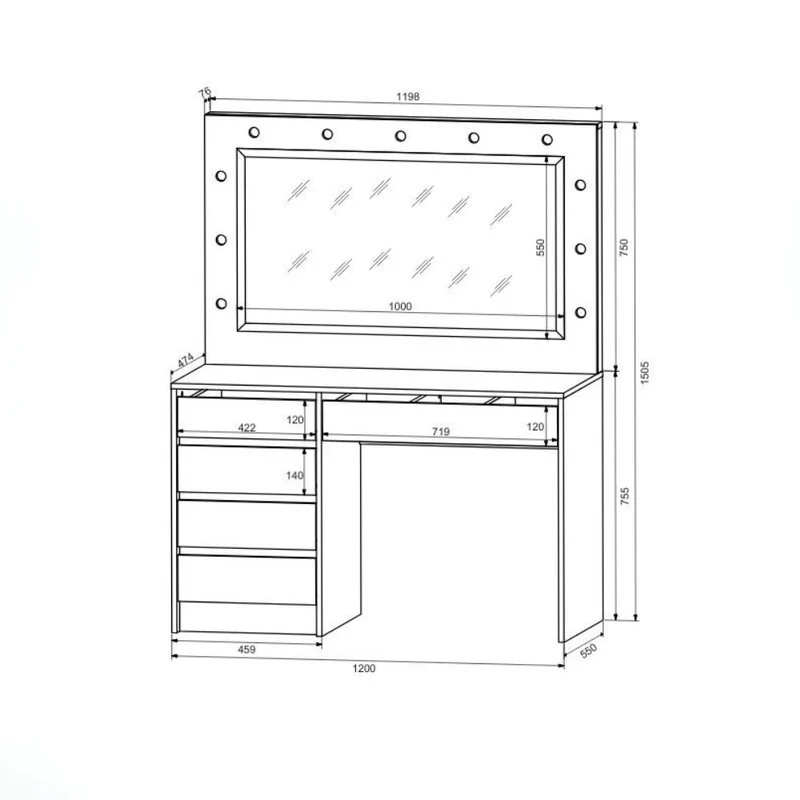 Toeletta trucco Elite bianca con specchio 5 cassetti e lampadine LED 120x55x150H