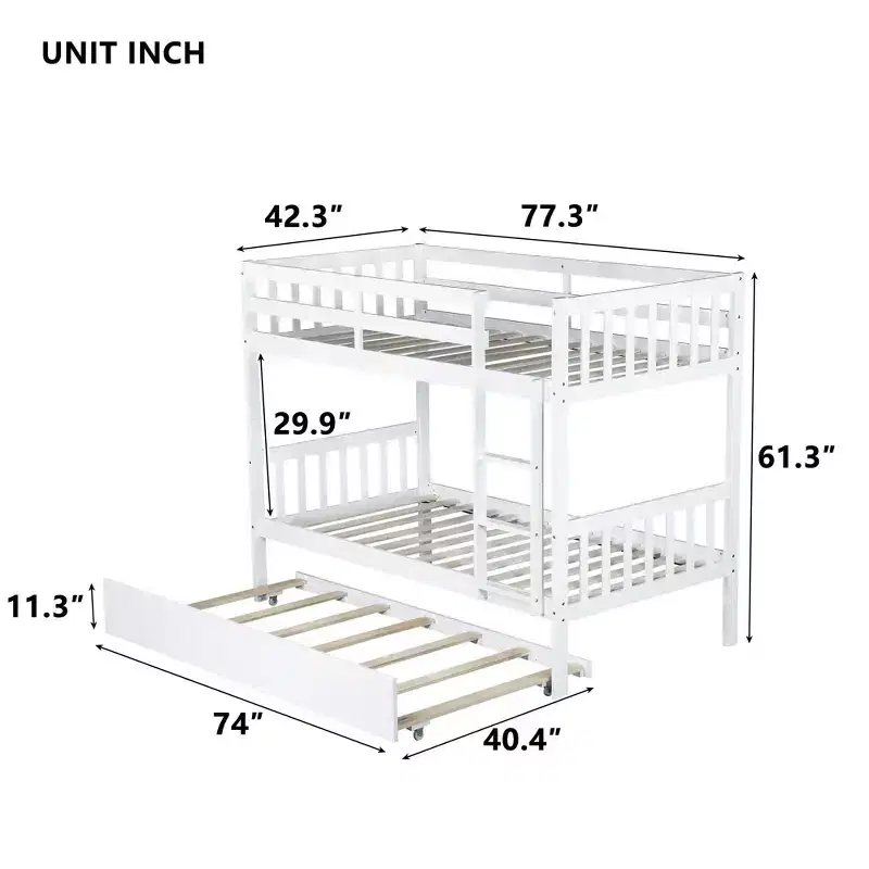 Lit superposé moderne en bois, double sur double avec lit gigogne, convertible en 2 lits