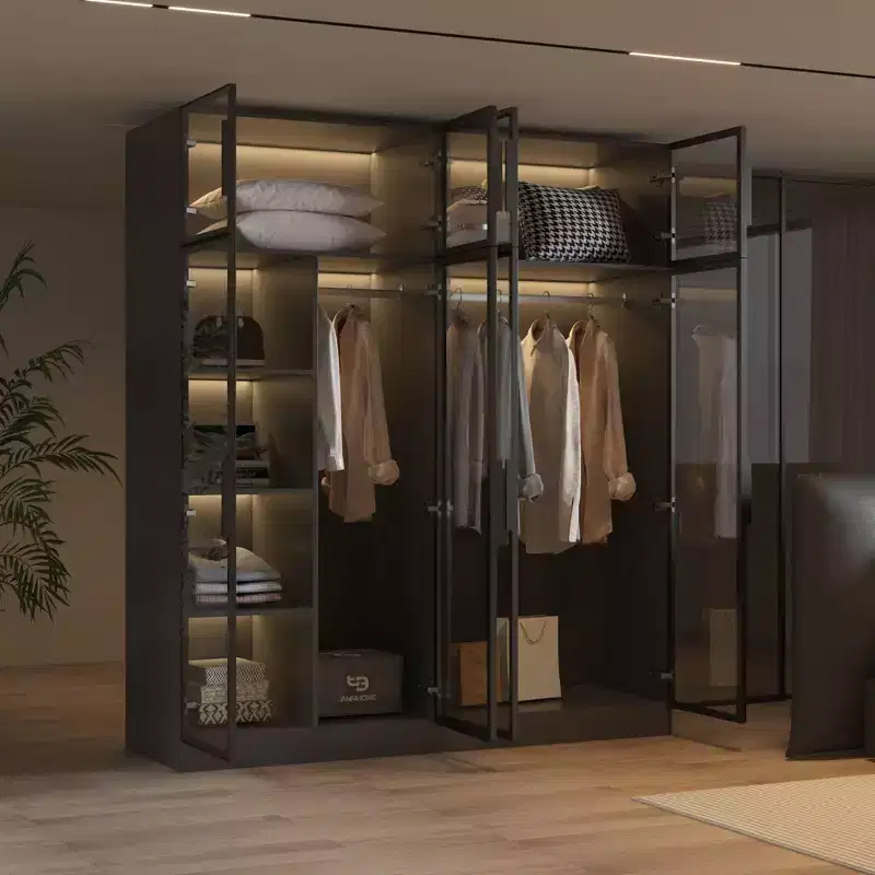 Armoire de luxe Hitow Pure Black avec portes en verre trempé, armoire LED 3 couleurs, organisateur de placard de chambre du sol au plafond, placard de dressing