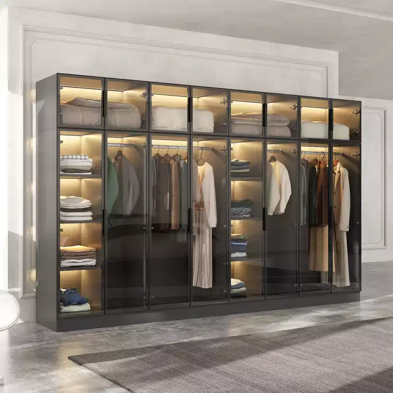 Armoire de luxe Hitow Pure Black avec portes en verre trempé, armoire LED 3 couleurs, organisateur de placard de chambre du sol au plafond, placard de dressing