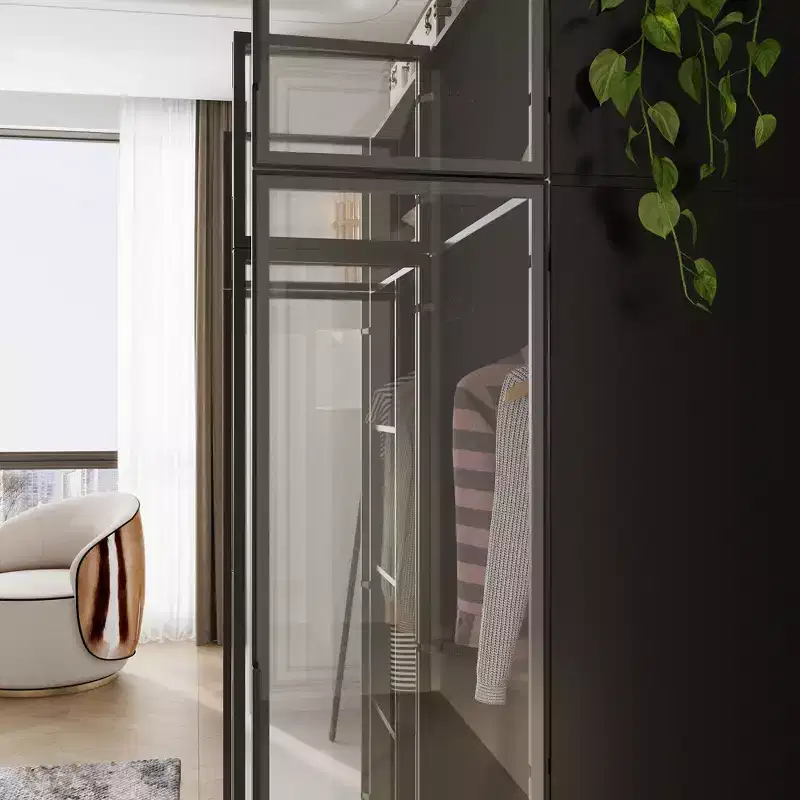 Armoire de luxe Hitow Pure Black avec portes en verre trempé, armoire LED 3 couleurs, organisateur de placard de chambre du sol au plafond, placard de dressing