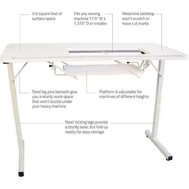 SewingRite SewStation 101 Table de couture pliante portable avec pieds en acier, blanc – Parfaite pour la maison, le bureau et les entreprises