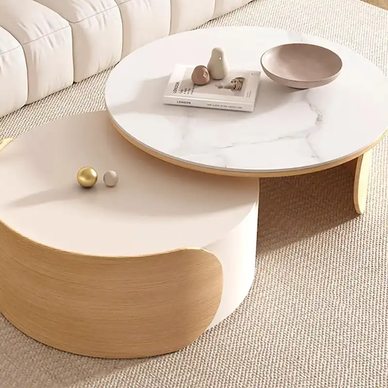 Table basse ronde moderne, plateau en pierre, bois naturel - 50 x 31,5
