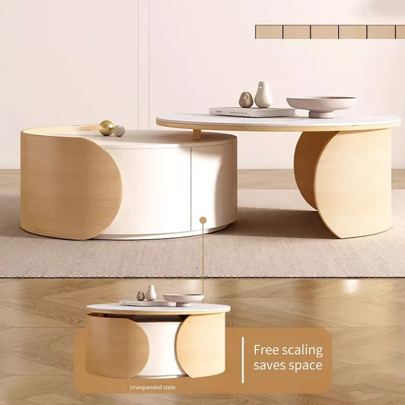 Table basse ronde moderne, plateau en pierre, bois naturel - 50 x 31,5