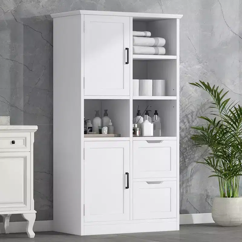 Meuble de rangement de salle de bain de 157 cm de haut, armoire de rangement au sol autoportante avec tiroir et étagère réglable, armoire de rangement pour garde-manger pour salle de bain, salon