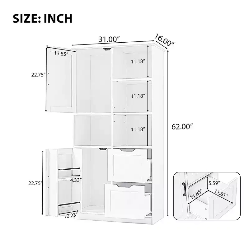 Meuble de rangement de salle de bain de 157 cm de haut, armoire de rangement au sol autoportante avec tiroir et étagère réglable, armoire de rangement pour garde-manger pour salle de bain, salon