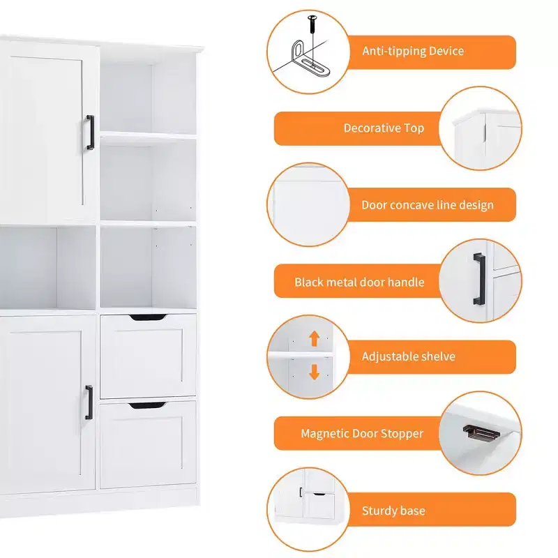 Meuble de rangement de salle de bain de 157 cm de haut, armoire de rangement au sol autoportante avec tiroir et étagère réglable, armoire de rangement pour garde-manger pour salle de bain, salon