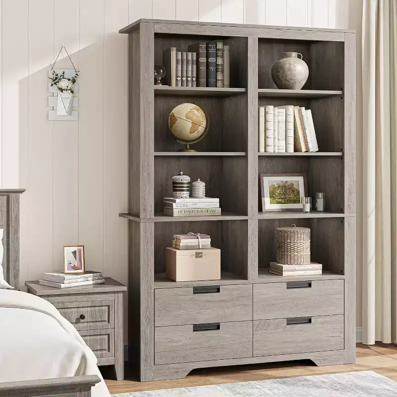 Bibliothèque haute de 72 po avec 4 tiroirs, étagère de rangement autoportante de style campagnard pour chambre à coucher, salon, bureau à domicile