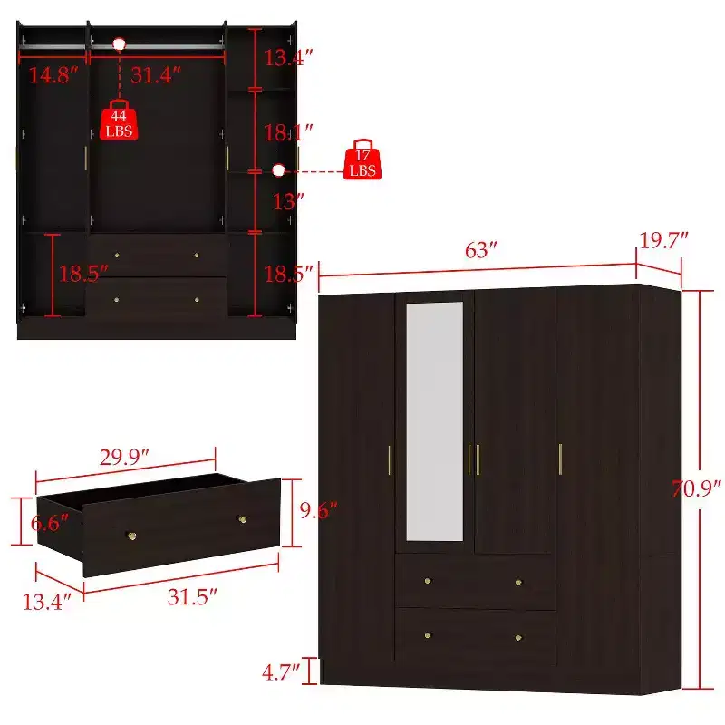 Hitow Armoire 2 grands tiroirs zone de suspension centrale avec miroir Style minimaliste