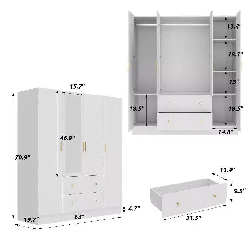 Hitow Armoire 2 grands tiroirs zone de suspension centrale avec miroir Style minimaliste
