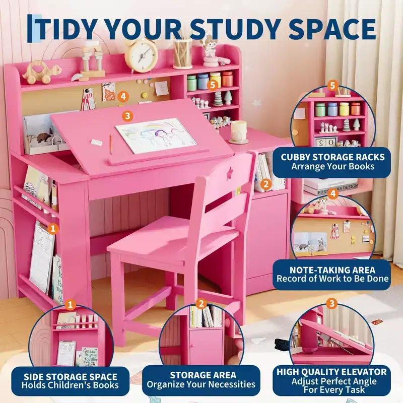 Bureau et chaise d'étude pour enfants avec rangement, bureau d'étude pour enfants avec étagère supérieure et inclinable, pour les 3-8 ans, table d'écriture pour chambre d'enfant