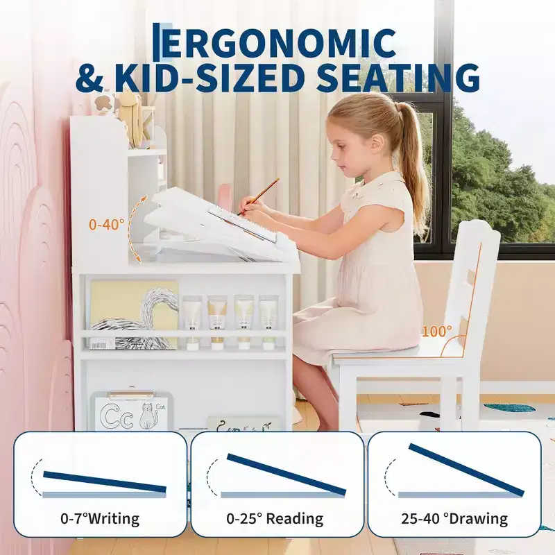 Bureau et chaise d'étude pour enfants avec rangement, bureau d'étude pour enfants avec étagère supérieure et inclinable, pour les 3-8 ans, table d'écriture pour chambre d'enfant