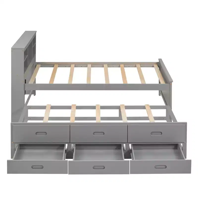 Lit plateforme avec lit gigogne et tiroirs, lit plateforme de rangement avec USB, lit plateforme en bois avec bibliothèque