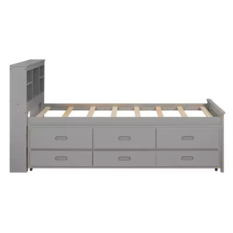 Lit plateforme avec lit gigogne et tiroirs, lit plateforme de rangement avec USB, lit plateforme en bois avec bibliothèque