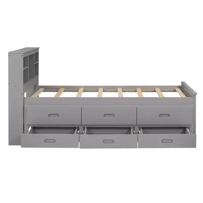 Lit plateforme avec lit gigogne et tiroirs, lit plateforme de rangement avec USB, lit plateforme en bois avec bibliothèque