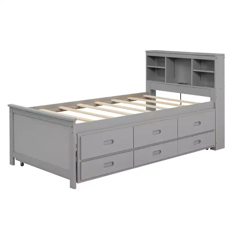 Lit plateforme avec lit gigogne et tiroirs, lit plateforme de rangement avec USB, lit plateforme en bois avec bibliothèque