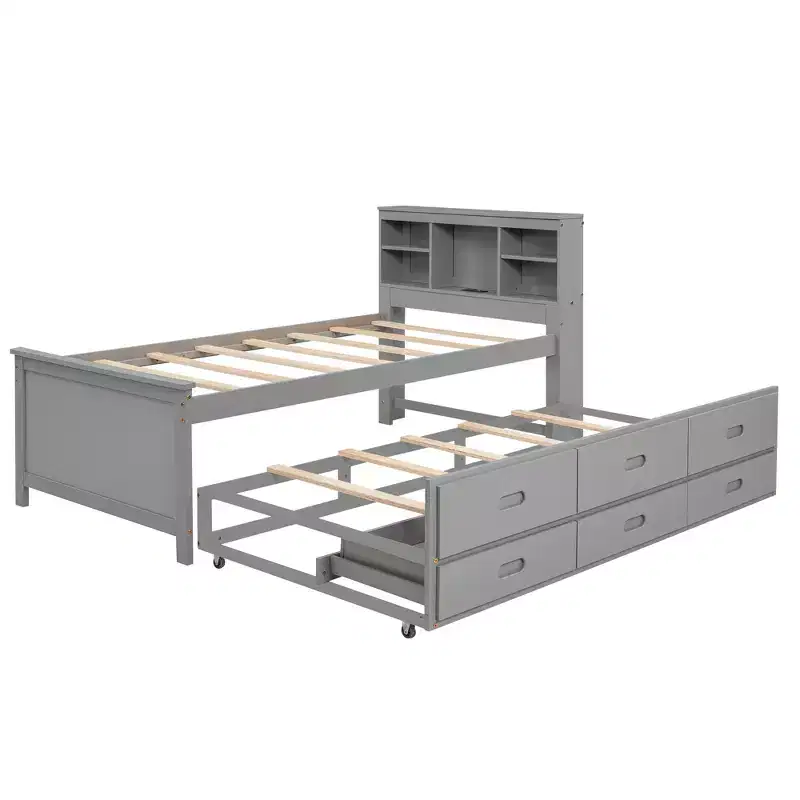 Lit plateforme avec lit gigogne et tiroirs, lit plateforme de rangement avec USB, lit plateforme en bois avec bibliothèque