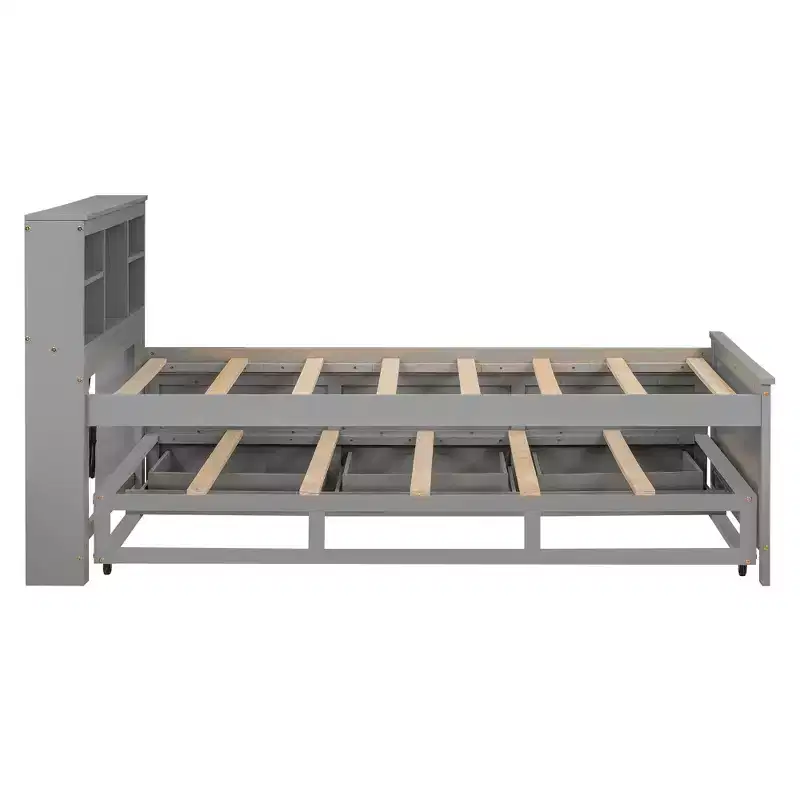 Lit plateforme avec lit gigogne et tiroirs, lit plateforme de rangement avec USB, lit plateforme en bois avec bibliothèque