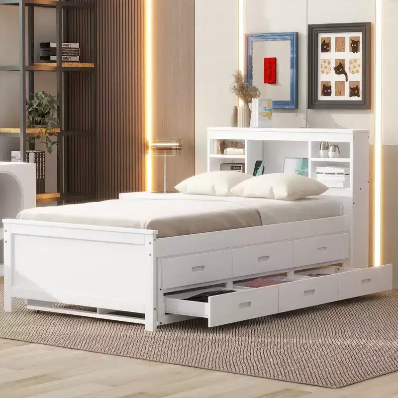 Lit plateforme avec lit gigogne et tiroirs, lit plateforme de rangement avec USB, lit plateforme en bois avec bibliothèque
