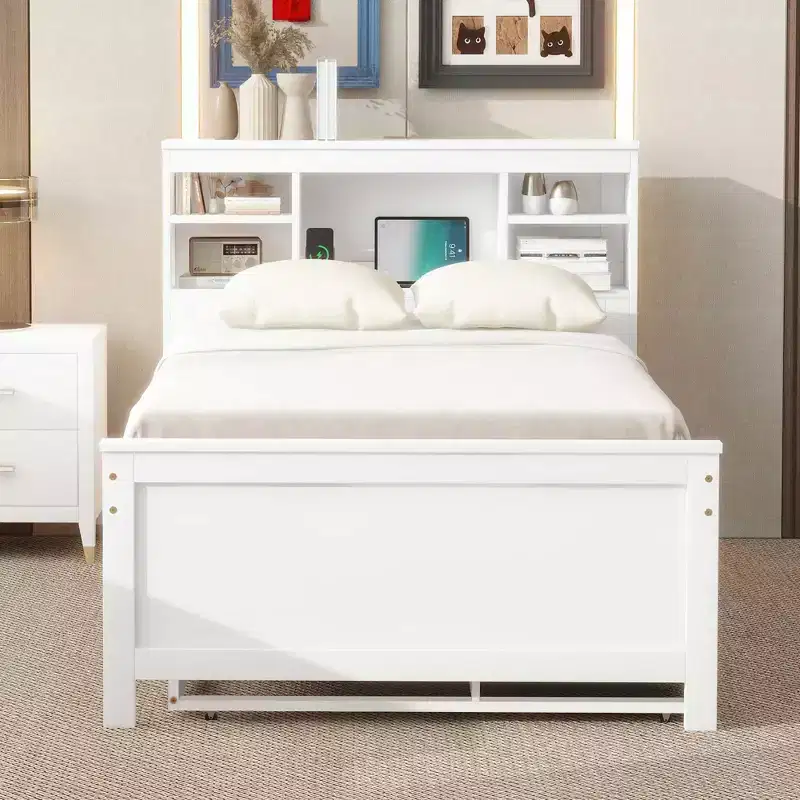 Lit plateforme avec lit gigogne et tiroirs, lit plateforme de rangement avec USB, lit plateforme en bois avec bibliothèque