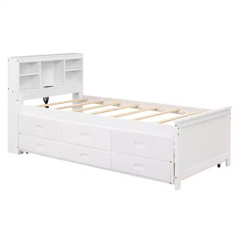 Lit plateforme avec lit gigogne et tiroirs, lit plateforme de rangement avec USB, lit plateforme en bois avec bibliothèque