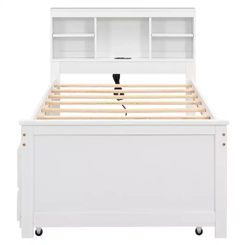 Lit plateforme avec lit gigogne et tiroirs, lit plateforme de rangement avec USB, lit plateforme en bois avec bibliothèque