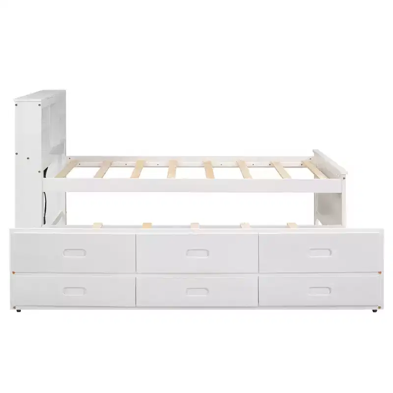 Lit plateforme avec lit gigogne et tiroirs, lit plateforme de rangement avec USB, lit plateforme en bois avec bibliothèque