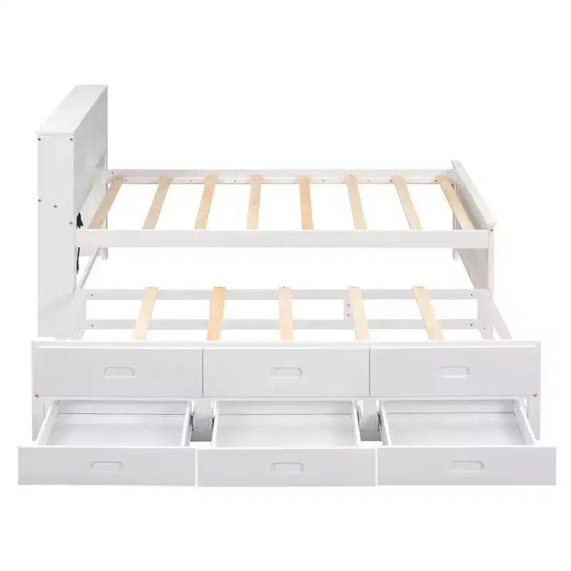 Lit plateforme avec lit gigogne et tiroirs, lit plateforme de rangement avec USB, lit plateforme en bois avec bibliothèque