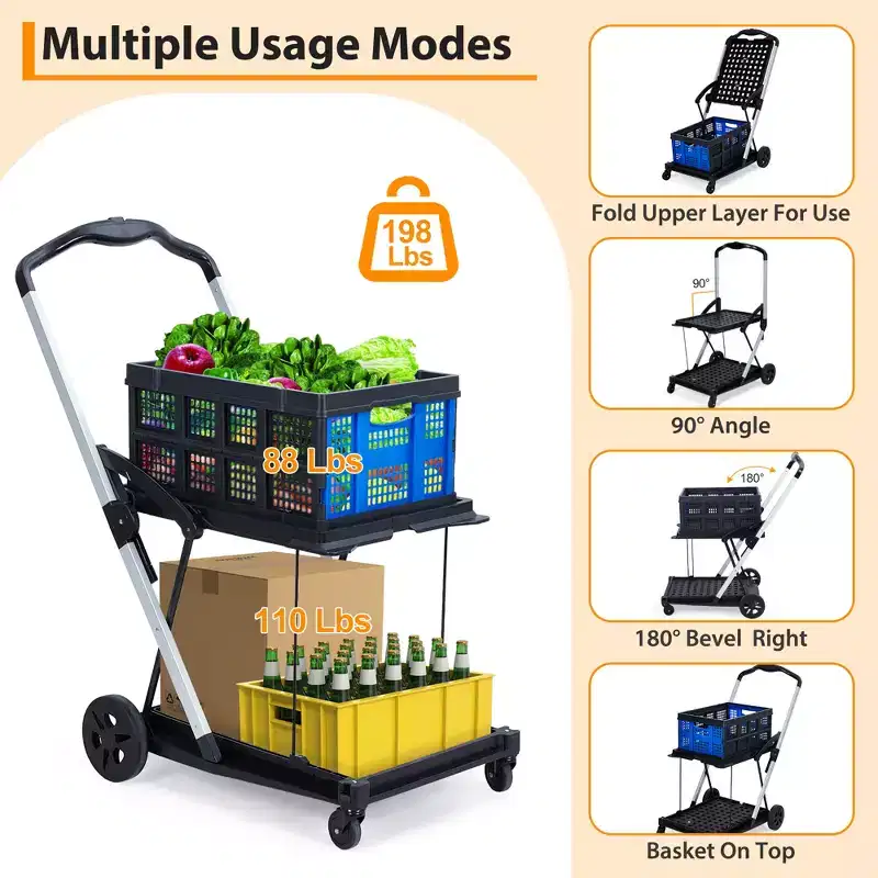 Chariots de courses pliants à 2 niveaux pour l'épicerie, capacité de 90 kg, chariot d'épicerie pliable portable avec roues et caisse amovible pour centre commercial, bleu