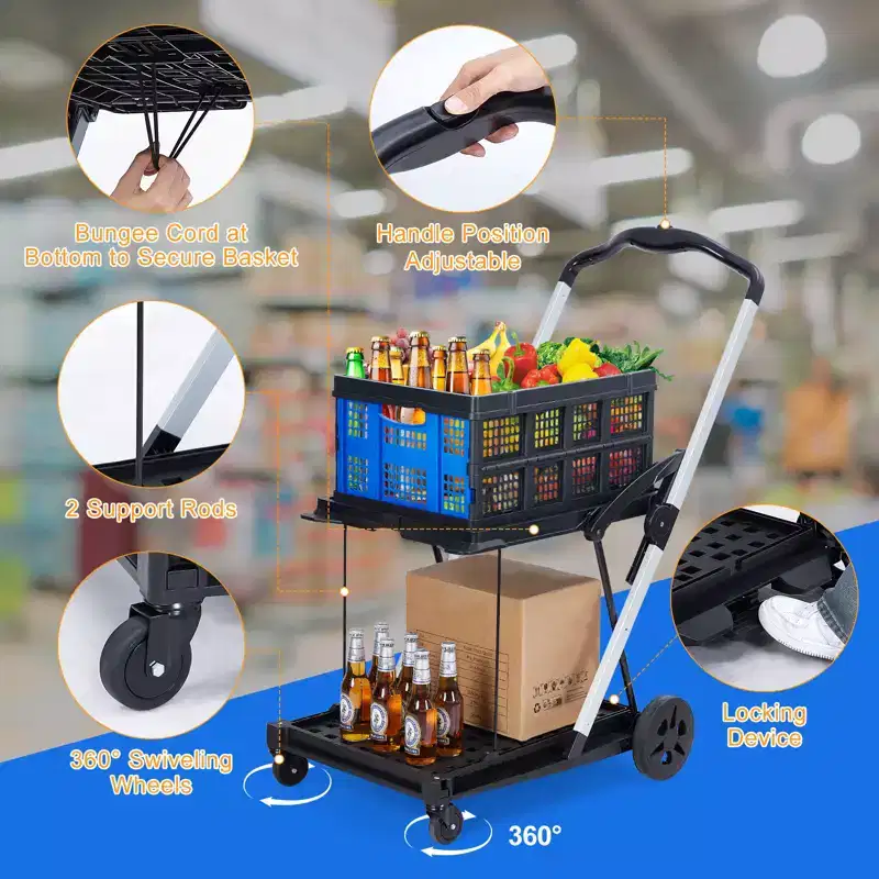 Chariots de courses pliants à 2 niveaux pour l'épicerie, capacité de 90 kg, chariot d'épicerie pliable portable avec roues et caisse amovible pour centre commercial, bleu