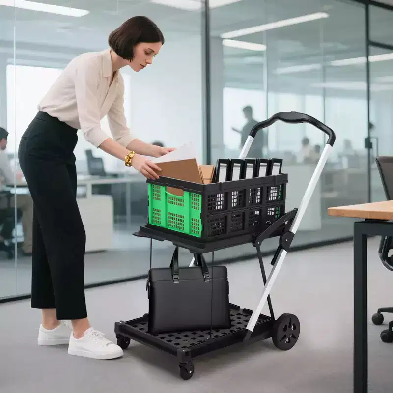 Chariots de courses pliants à 2 niveaux pour l'épicerie, capacité de 90 kg, chariot d'épicerie pliable portable avec roues et caisse amovible pour centre commercial, bleu