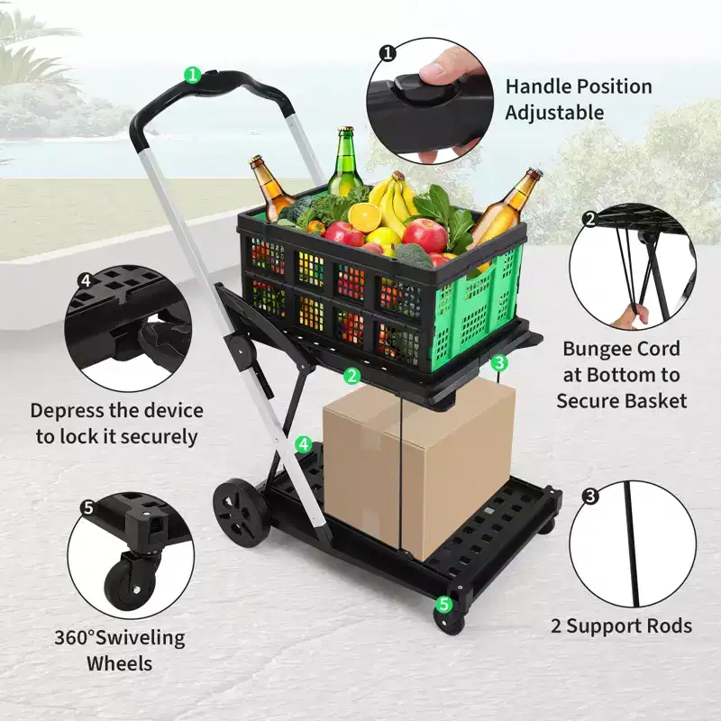 Chariots de courses pliants à 2 niveaux pour l'épicerie, capacité de 90 kg, chariot d'épicerie pliable portable avec roues et caisse amovible pour centre commercial, bleu