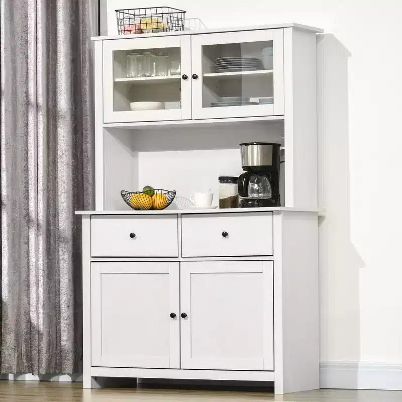 HOMCOM Buffet de cuisine 161 cm avec vaisselier, armoire de rangement avec 4 étagères, tiroirs, portes vitrées, comptoir ouvert pour micro-ondes