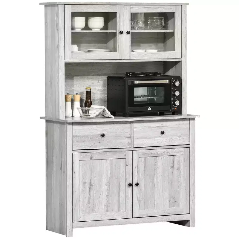 HOMCOM Buffet de cuisine 161 cm avec vaisselier, armoire de rangement avec 4 étagères, tiroirs, portes vitrées, comptoir ouvert pour micro-ondes