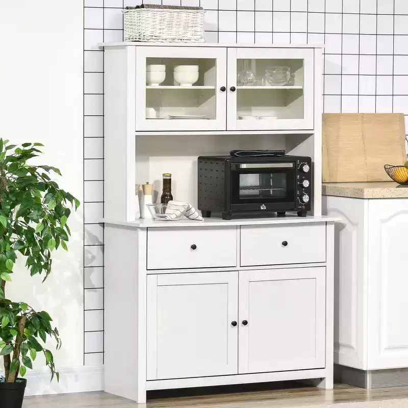 HOMCOM Buffet de cuisine 161 cm avec vaisselier, armoire de rangement avec 4 étagères, tiroirs, portes vitrées, comptoir ouvert pour micro-ondes
