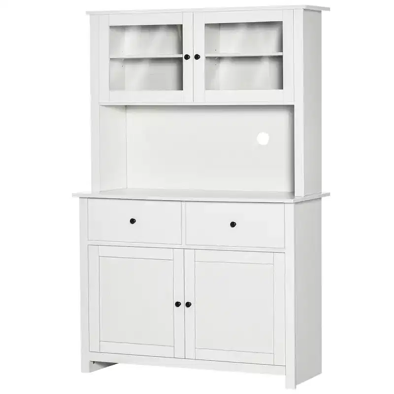HOMCOM Buffet de cuisine 161 cm avec vaisselier, armoire de rangement avec 4 étagères, tiroirs, portes vitrées, comptoir ouvert pour micro-ondes