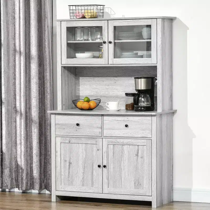 HOMCOM Buffet de cuisine 161 cm avec vaisselier, armoire de rangement avec 4 étagères, tiroirs, portes vitrées, comptoir ouvert pour micro-ondes
