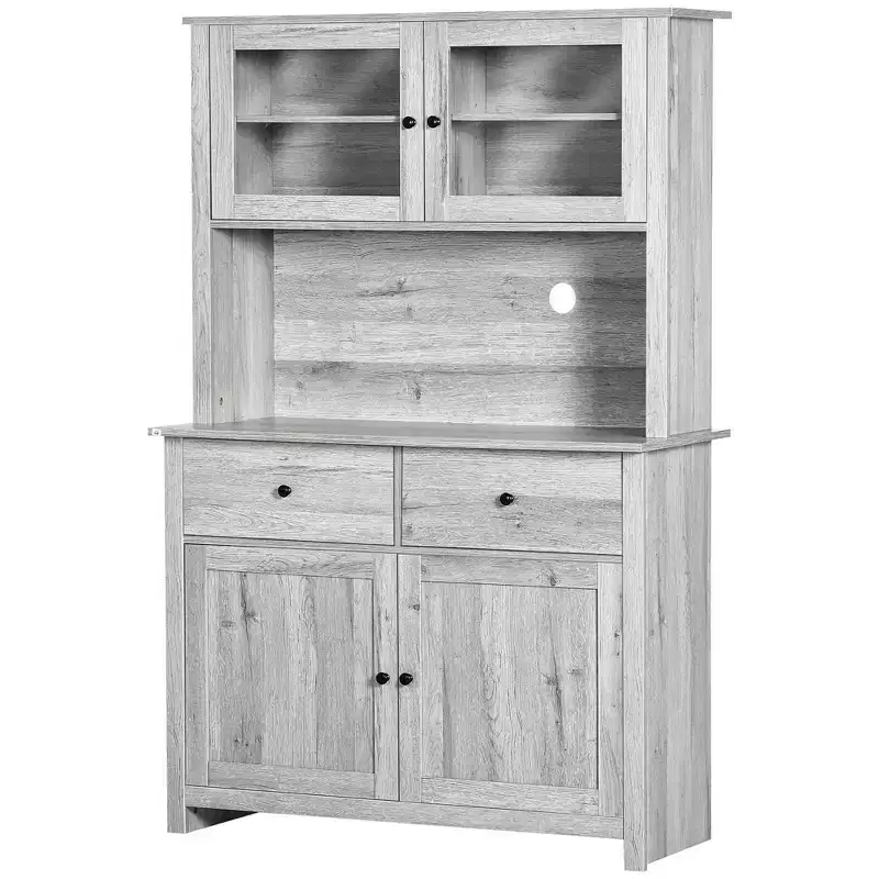 HOMCOM Buffet de cuisine 161 cm avec vaisselier, armoire de rangement avec 4 étagères, tiroirs, portes vitrées, comptoir ouvert pour micro-ondes