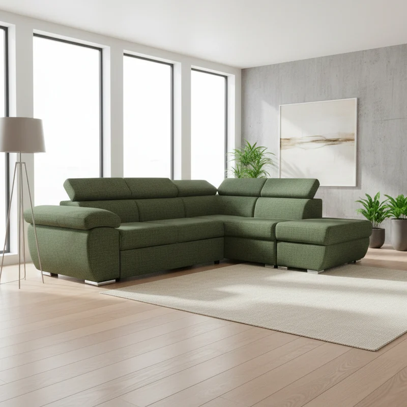 Divano letto angolare con penisola destra e pouf contenitore verde oliva Fiona