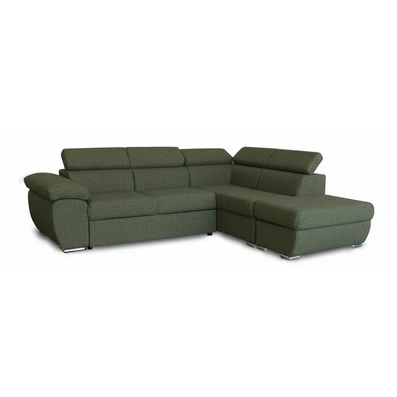 Divano letto angolare con penisola destra e pouf contenitore verde oliva Fiona