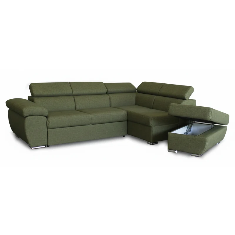 Divano letto angolare con penisola destra e pouf contenitore verde oliva Fiona