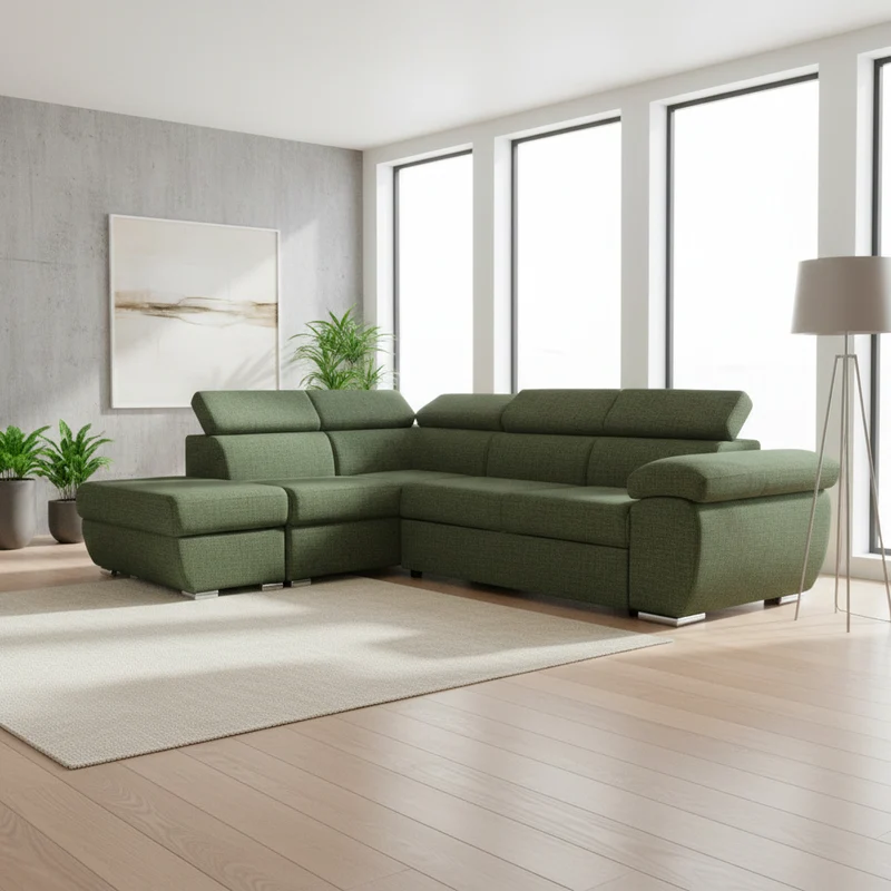 Divano letto angolare con penisola sinistra e pouf contenitore verde oliva Fiona